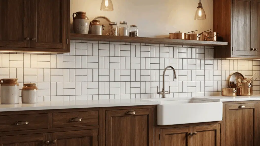 alternating horizontal and vertical tiles for a woven, textured look.