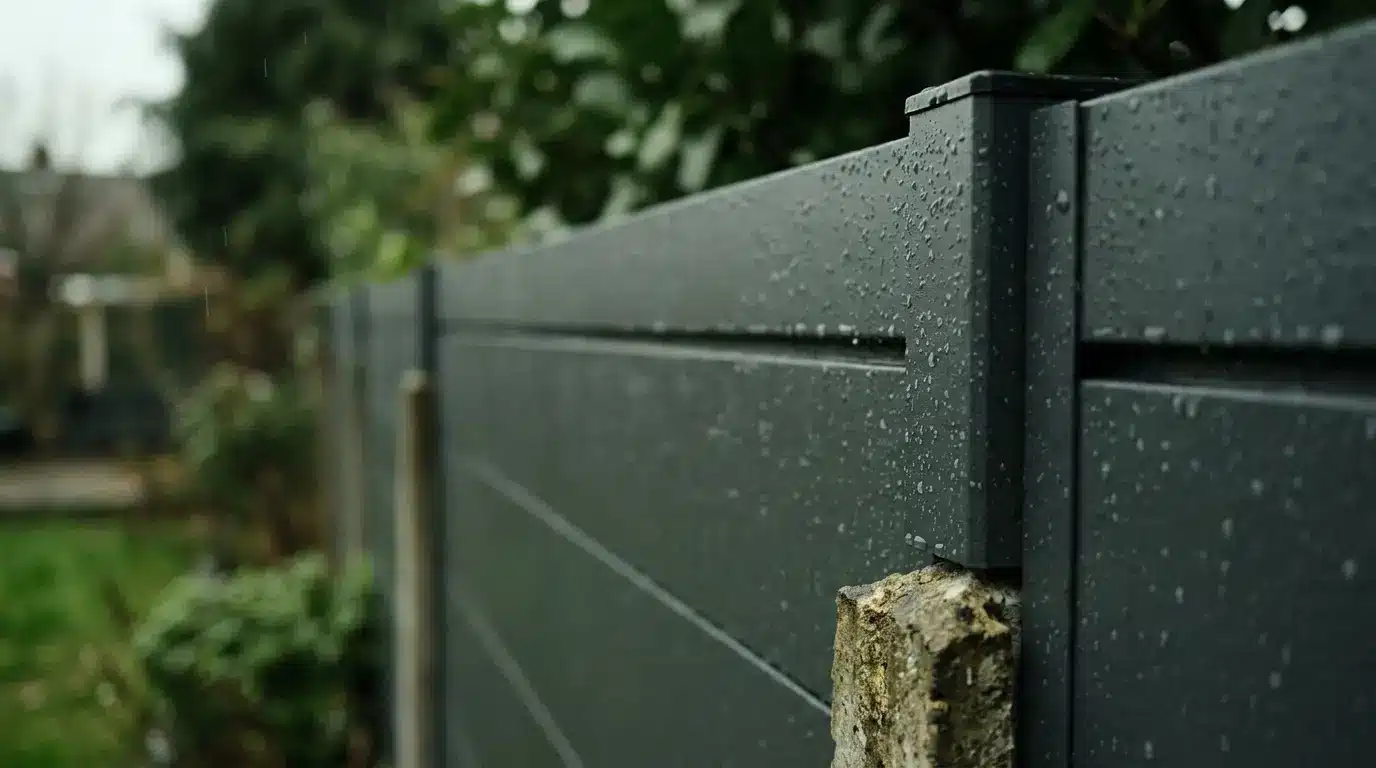 Close-up of wet metal fence panels with raindrops in a garden setting