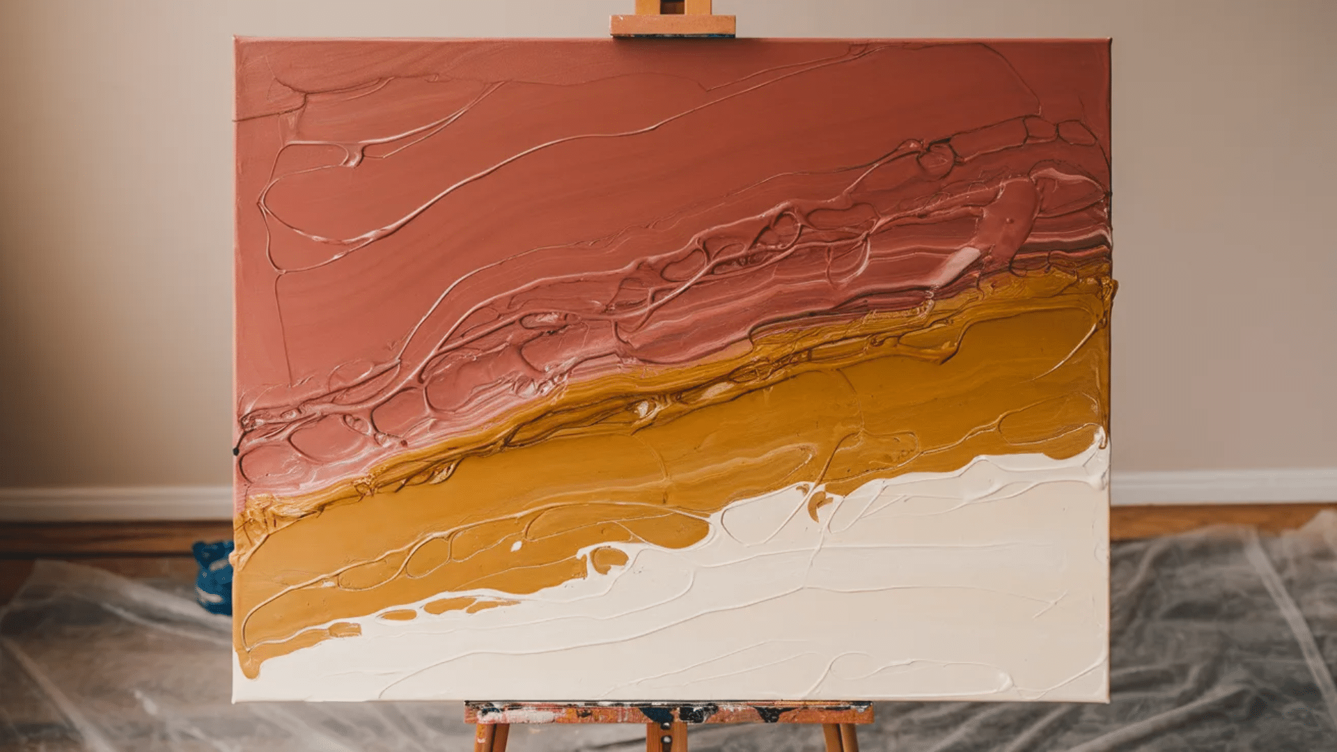 an abstract painting with thick, textured brushstrokes in shades of rust, mustard, and white, displayed on an easel with a neutral background.