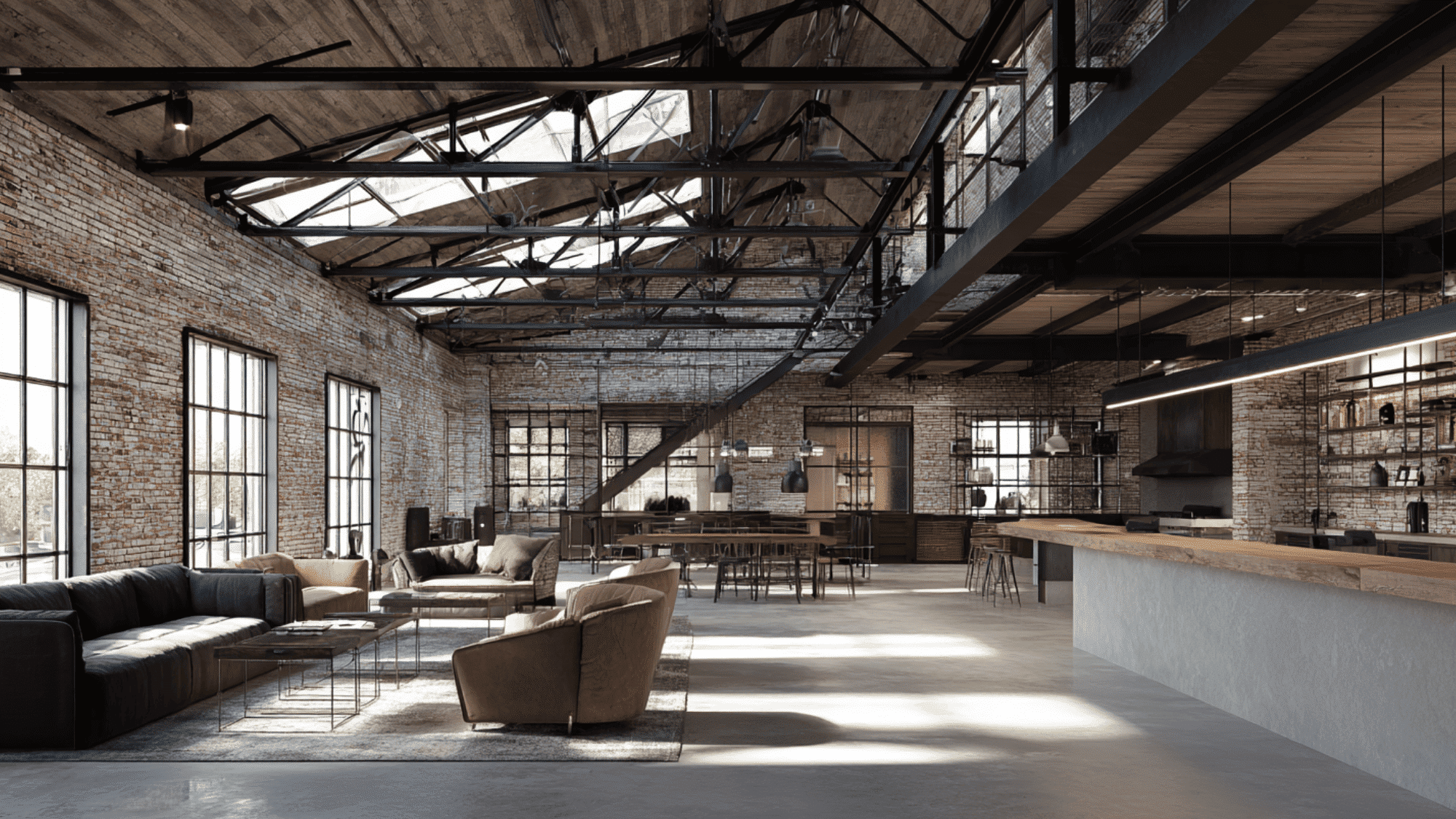 an industrial interior with exposed brick metal and concrete creating a raw and durable workspace