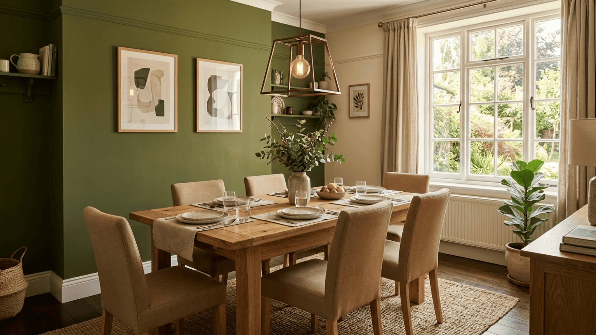 an olive green dining room with tan upholstery bronze fixtures and natural wood furniture giving a relaxed and organic rustic feel
