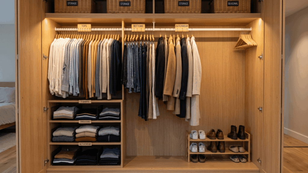an organized closet with clothes sorted by category, shelf dividers for folded items, a shoe rack on the floor, and visible open space from removed unused items