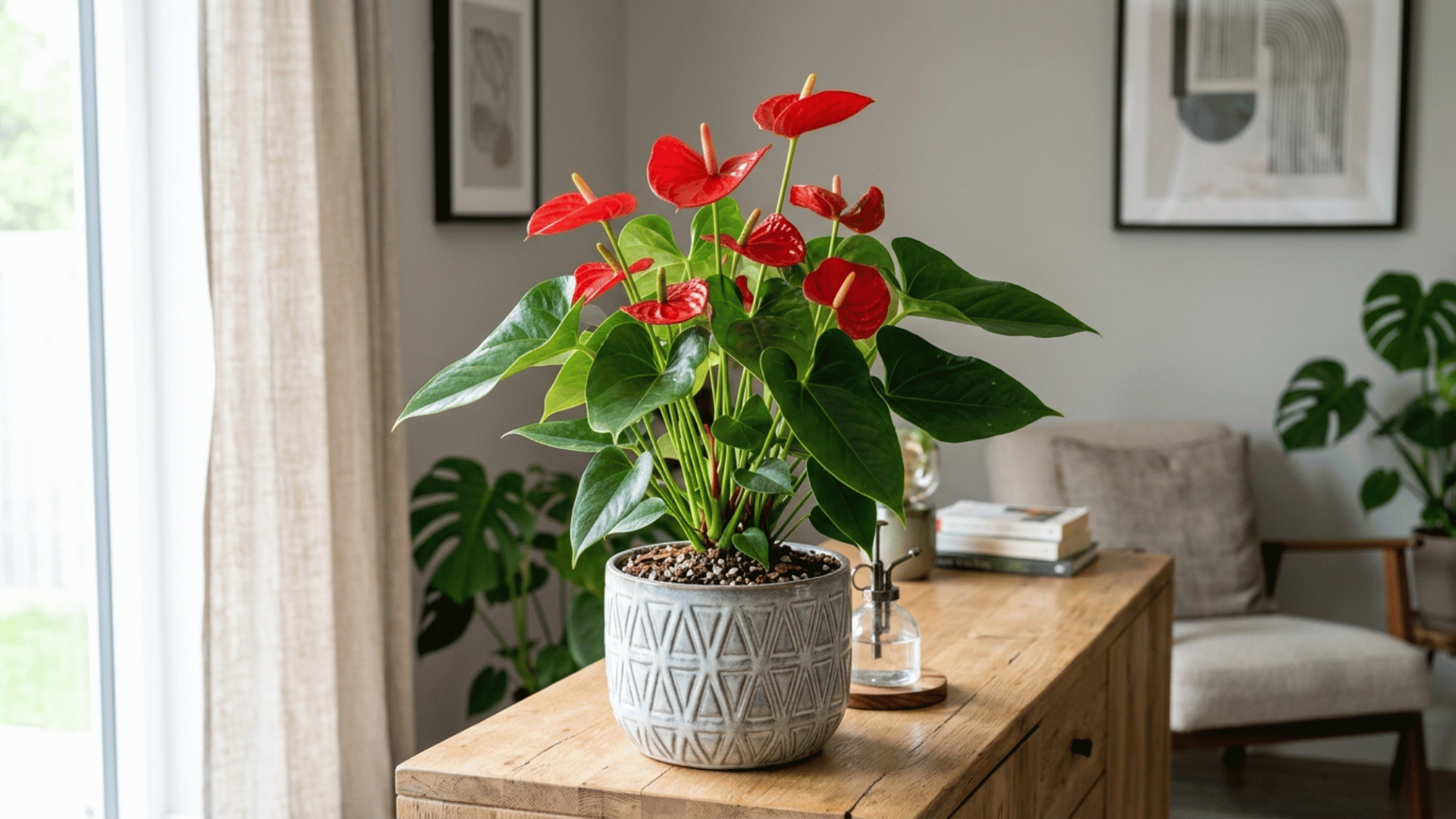 anthurium plant with red flowers placed on a wooden table in a bright indoor room with modern decor and natural light