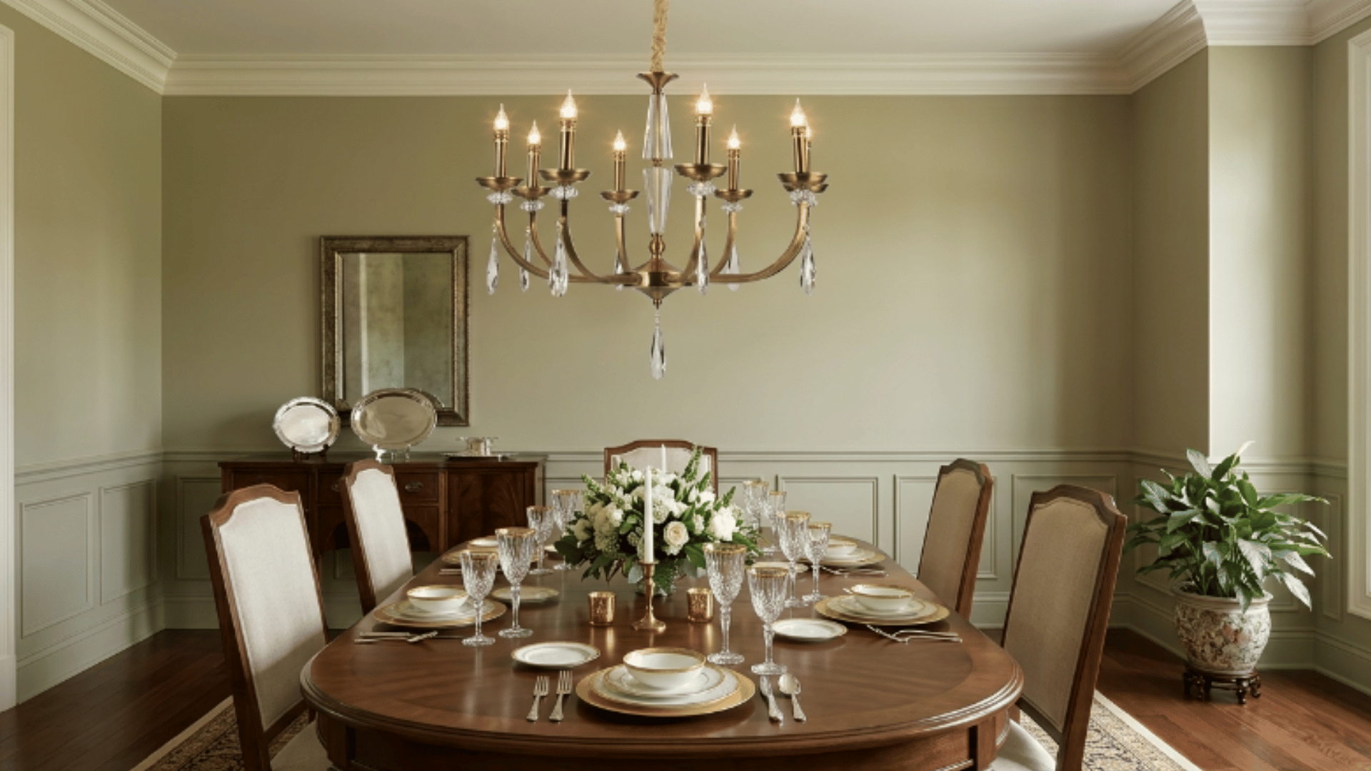 antique brass chandelier above empty dining table with warm lighting in a classic dining room setup