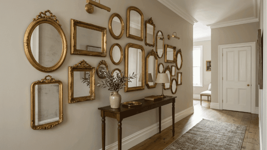 antique mirror gallery wall reflects light around the room making the space feel brighter larger and more dynamic