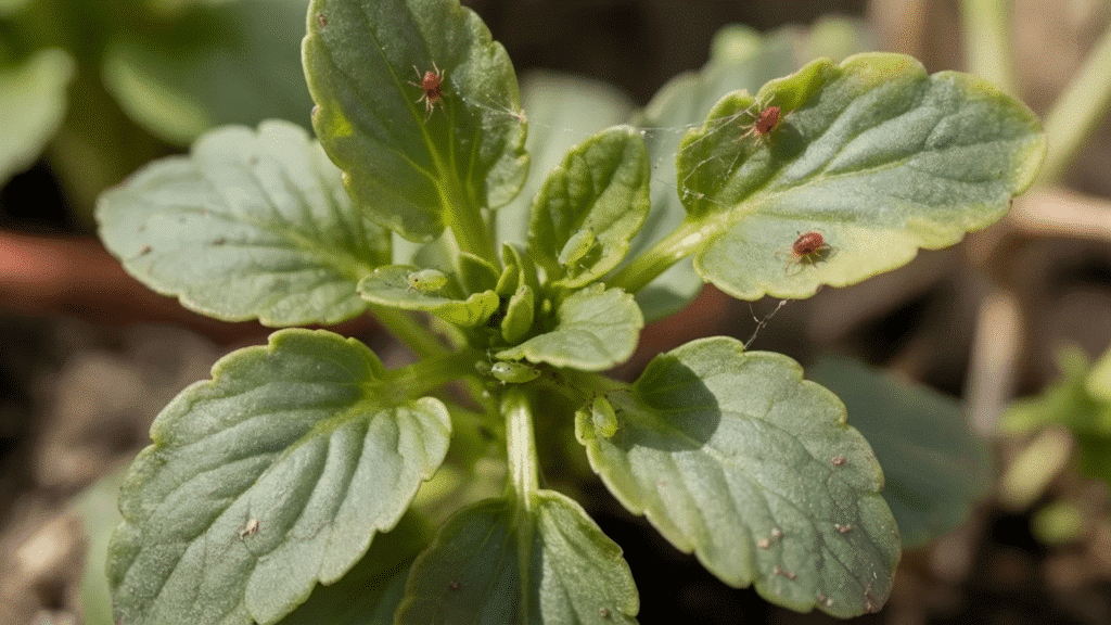 aphids and spider mites on pansy leaves causing damage, webbing, and leaf curling