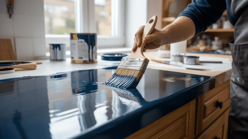 applying glossy oil-based paint to a cabinet surface with a smooth, streak-free finish