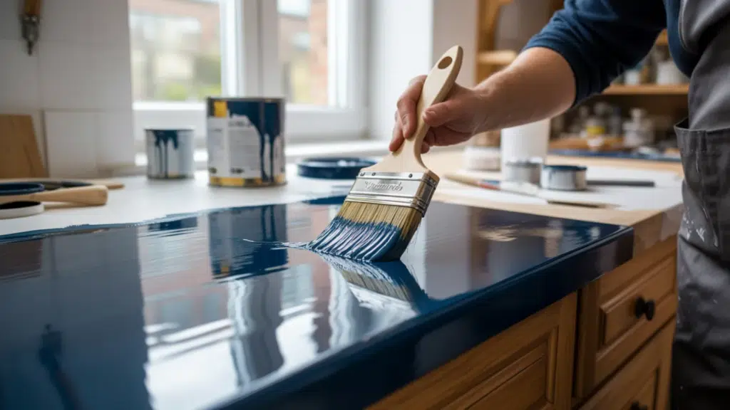 applying glossy oil-based paint to a cabinet surface with a smooth, streak-free finish