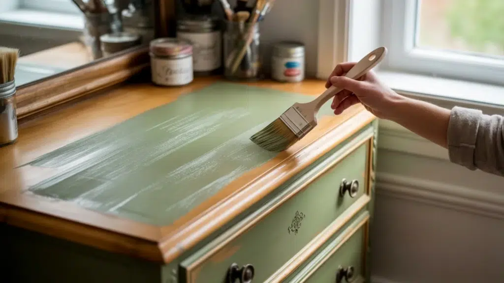applying matte chalk paint to a vintage dresser with a soft, distressed finish