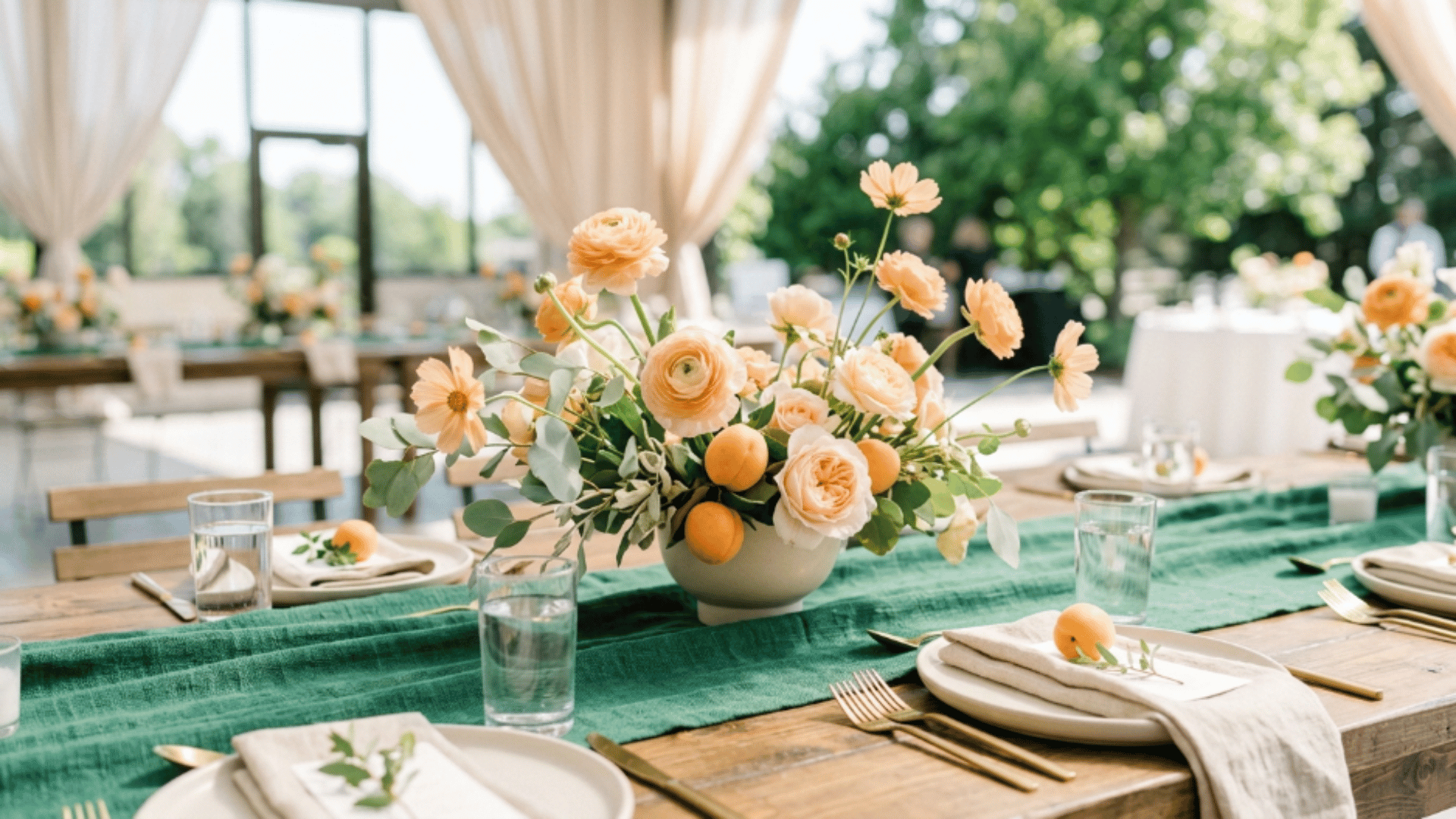 apricot and emerald green decor with soft tones and light fabrics in a calm interior setup