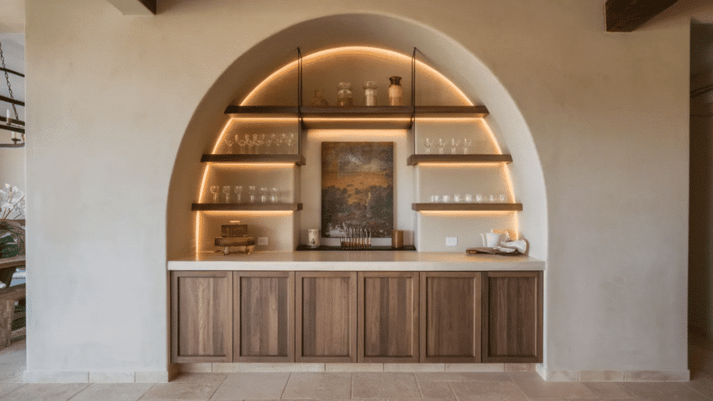 arched built in bar with wood cabinets, floating shelves, and warm backlighting