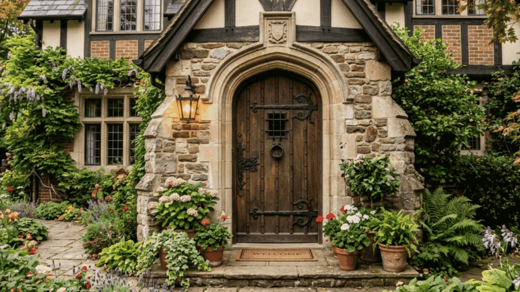arched doorway with wooden door and iron details on tudor revival home entrance