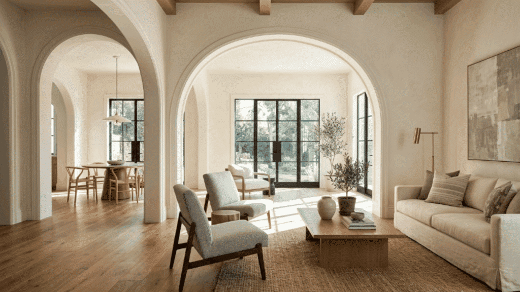 arched doorways soften the architecture while modern furniture keeps the room open comfortable and visually fresh