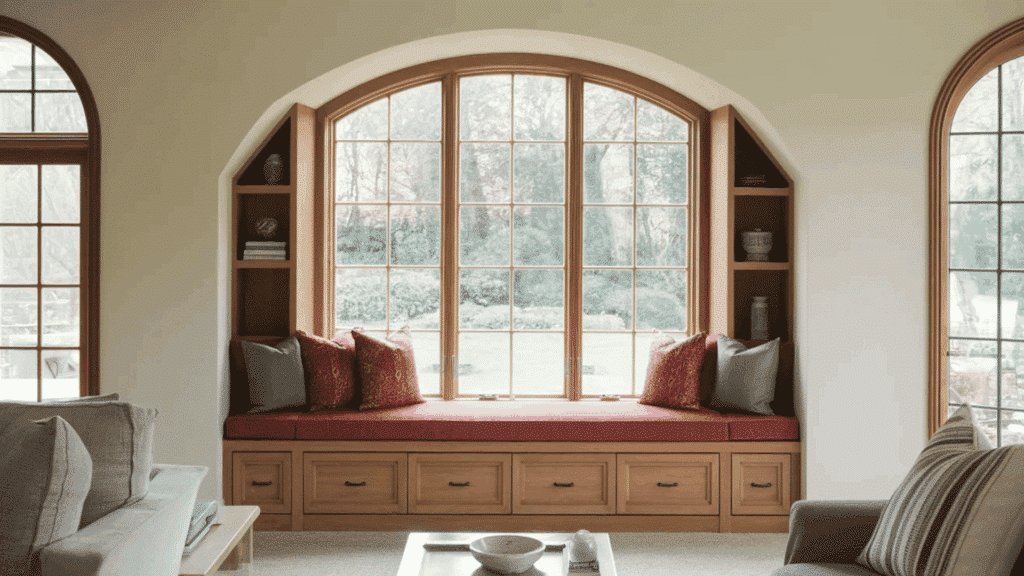 arched window seat with red cushions, built in drawers, and large wood framed windows overlooking greenery