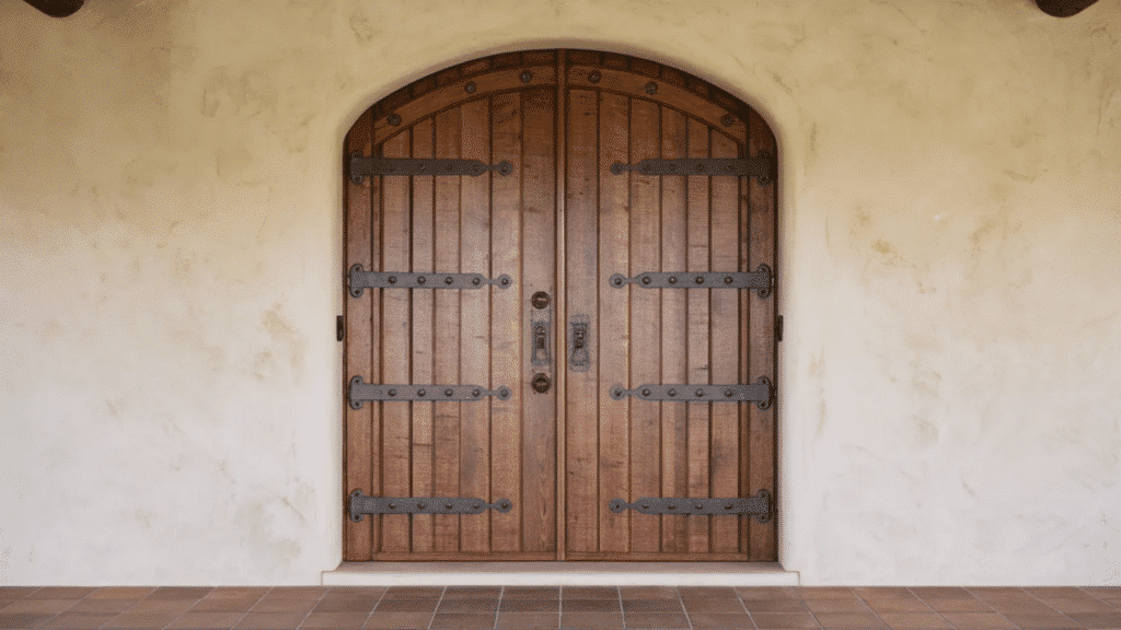 arched wooden double front doors with black iron hinges set in stucco wall