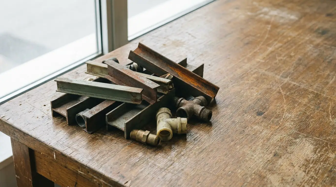 Stack of rusty metal beams and fittings on wooden table near window
