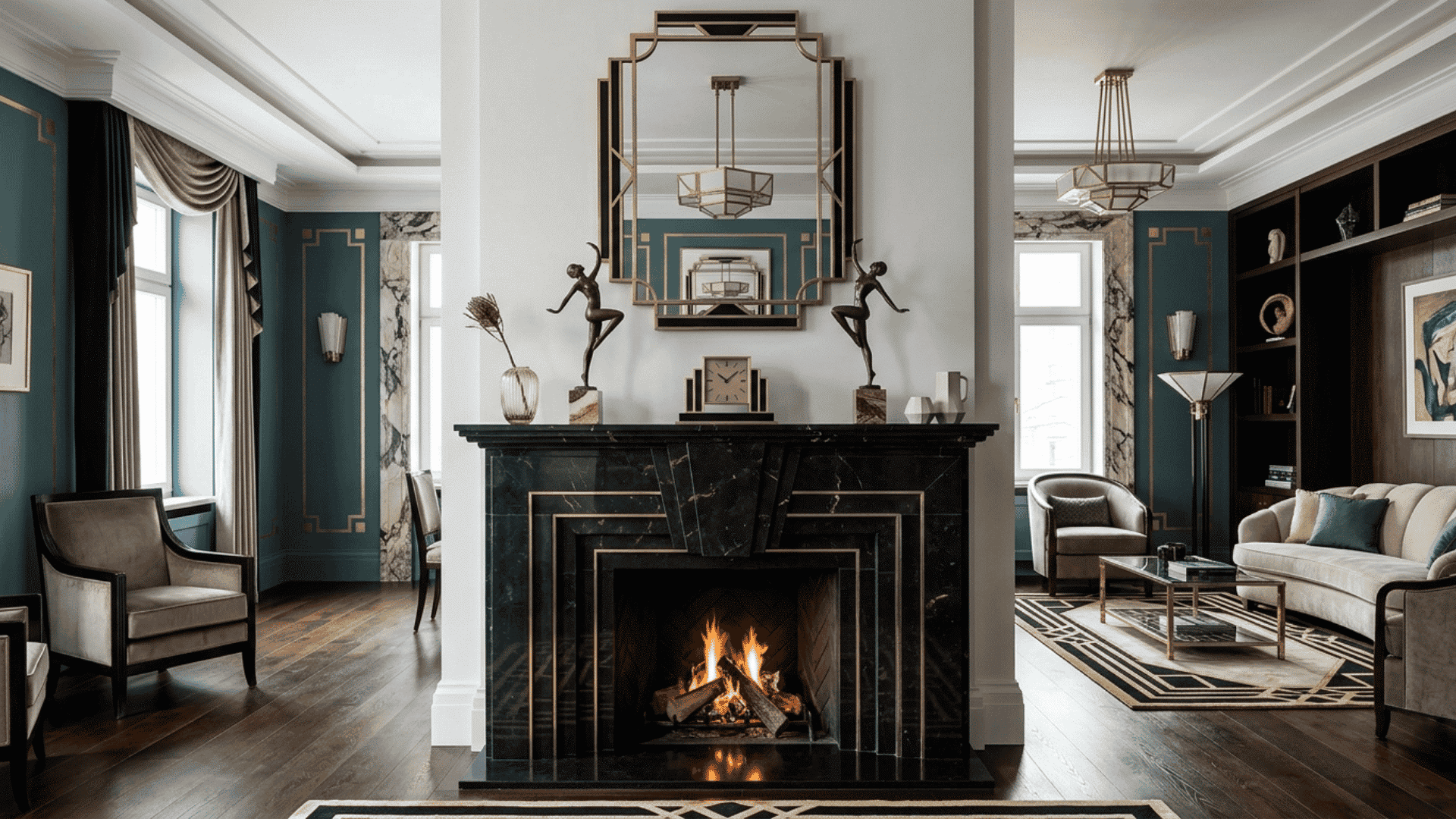 art deco fireplace mantel with sculptural statues, geometric mirror, and balanced living room layout with warm lighting