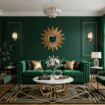 art deco interior design living room with velvet sofa marble table geometric rug and metallic accents in modern home setting