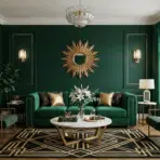 art deco interior design living room with velvet sofa marble table geometric rug and metallic accents in modern home setting