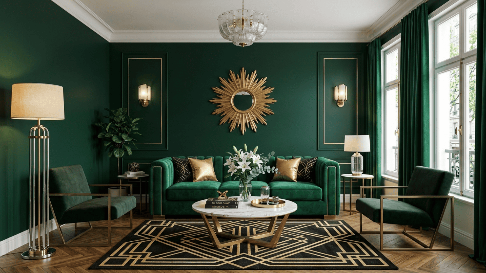 art deco interior design living room with velvet sofa marble table geometric rug and metallic accents in modern home setting