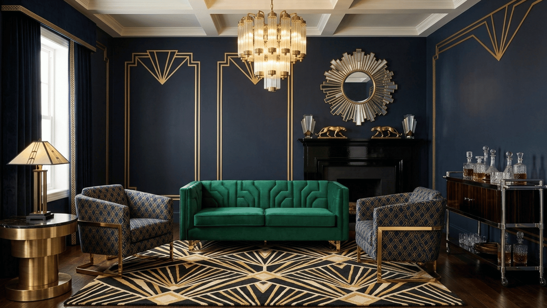 art Deco living room with bold blue walls, gold accents, geometric patterns, and velvet sofa.