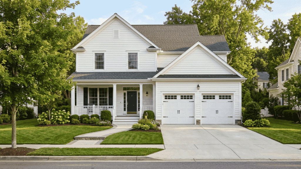attached garage connected to house with shared wall and driveway in suburban home setting