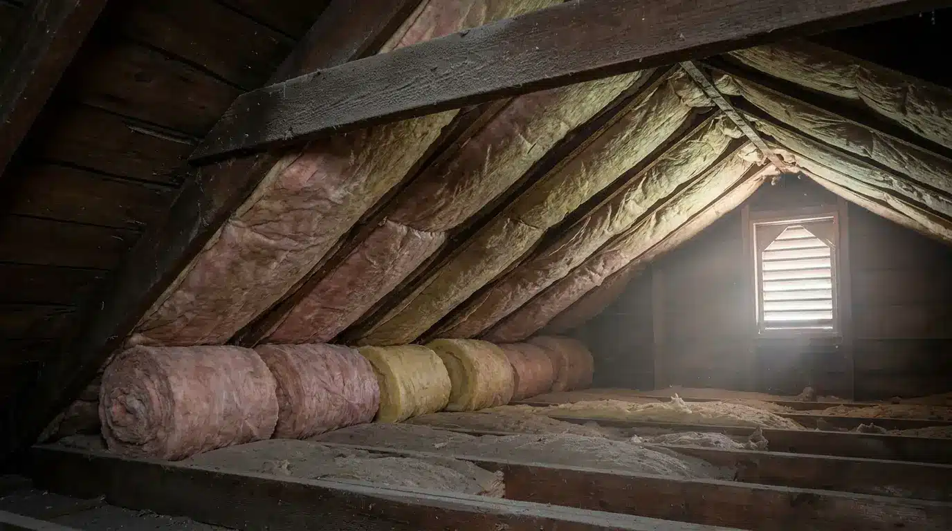 Attic interior with pink insulation rolls under wooden beams and light through window