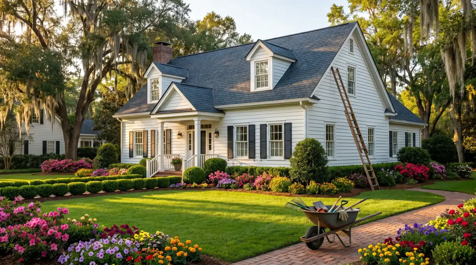 Charming white house with black shutters, surrounded by vibrant gardens, ladder leaning against roof