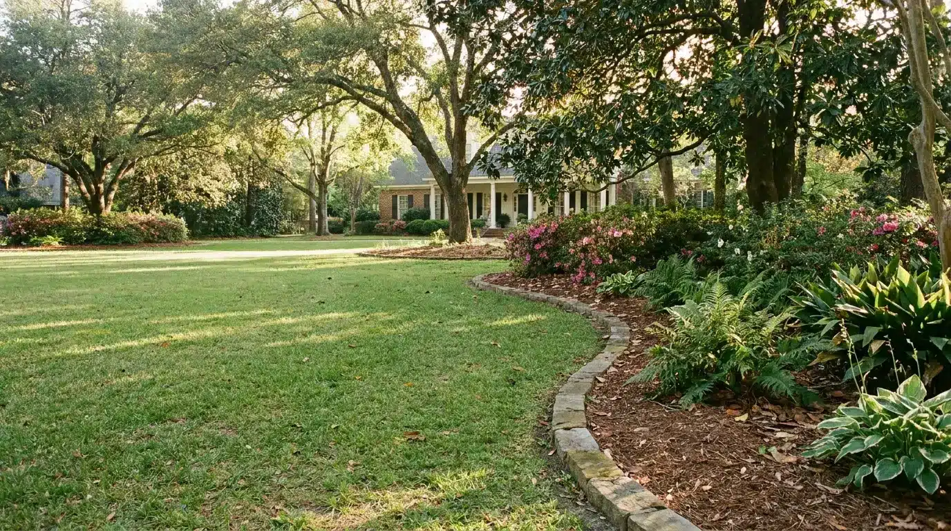 Manicured garden with lush plants and trees surrounding a house under warm sunlight