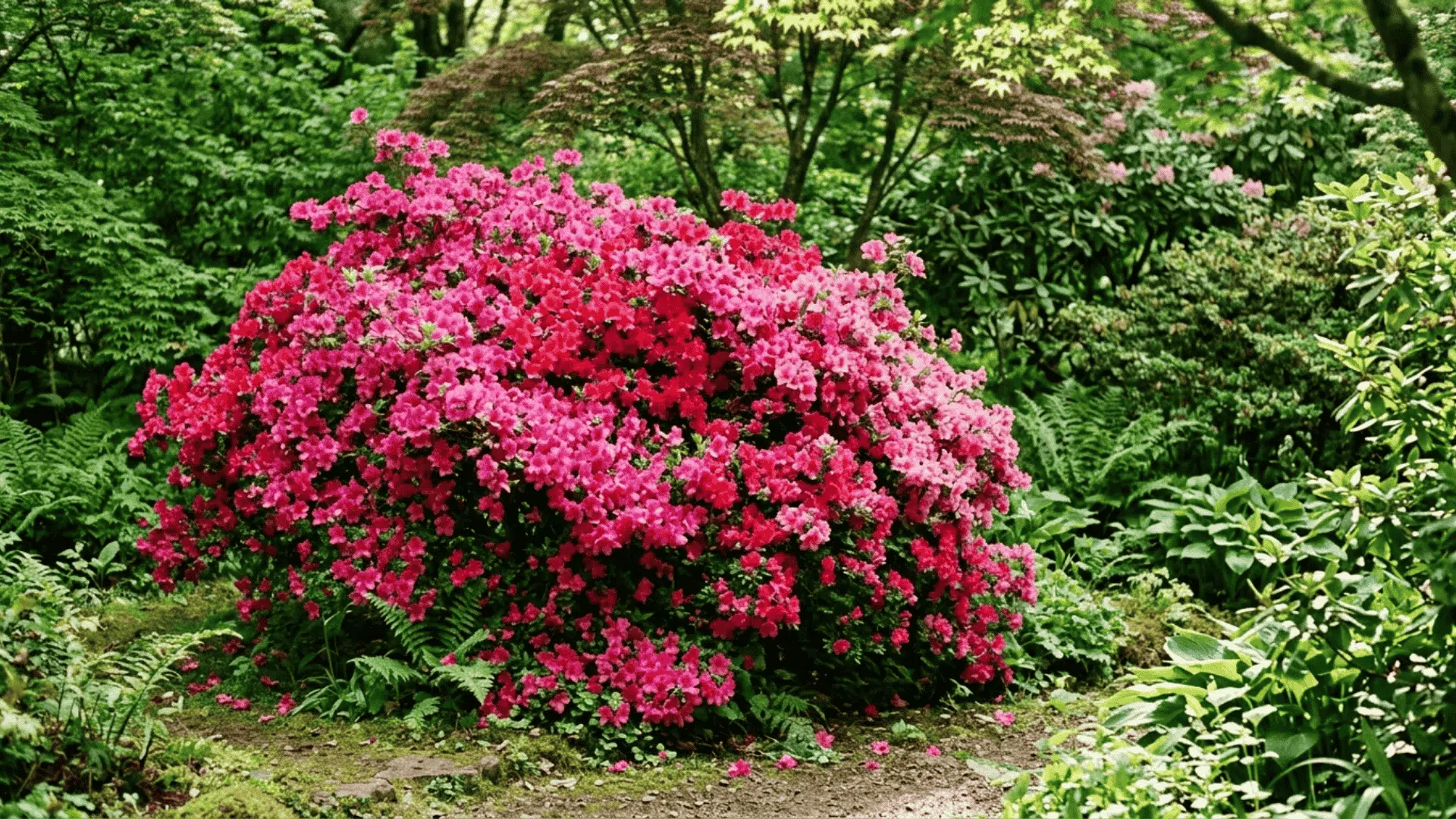azalea shrub fully covered in bright pink and red flowers blooming in a garden with lush green background foliage