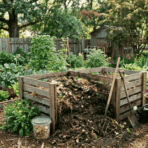 backyard compost bin with steaming organic waste, surrounded by a thriving vegetable garden, tools, and fresh plants in a natural outdoor setting