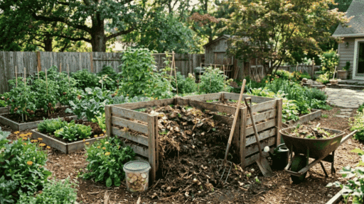 backyard compost bin with steaming organic waste, surrounded by a thriving vegetable garden, tools, and fresh plants in a natural outdoor setting