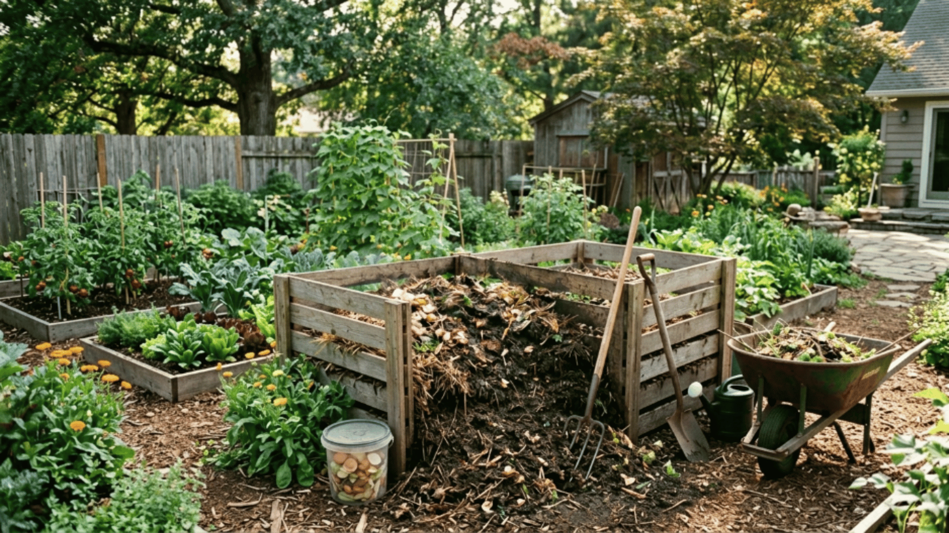 backyard compost bin with steaming organic waste, surrounded by a thriving vegetable garden, tools, and fresh plants in a natural outdoor setting