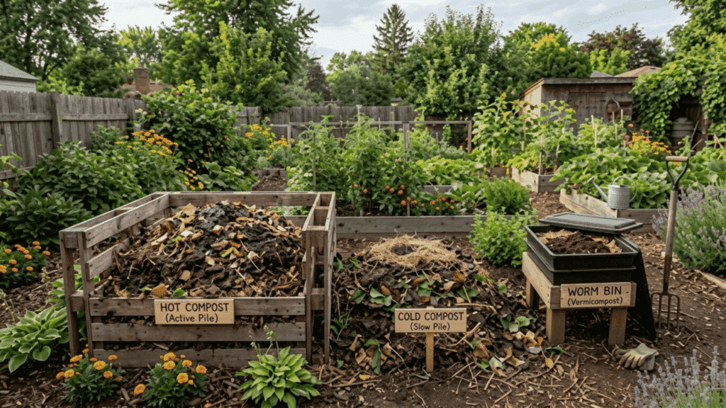 backyard compost setup showing hot compost pile with steam, cold compost heap, and worm bin in a well-maintained garden