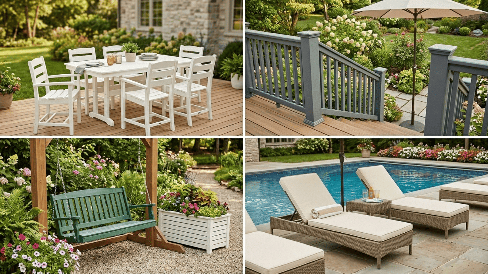 backyard deck setup with outdoor dining furniture, garden stairs, swing bench, and poolside loungers in a landscaped home space