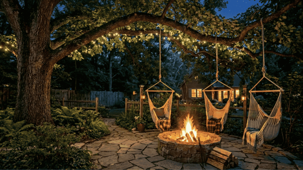 backyard fire pit under tree hammock chairs string lights cozy outdoor retreat rustic design