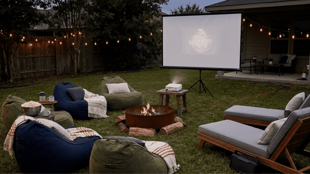 backyard movie night fire pit outdoor projector cozy seating string lights garden setup
