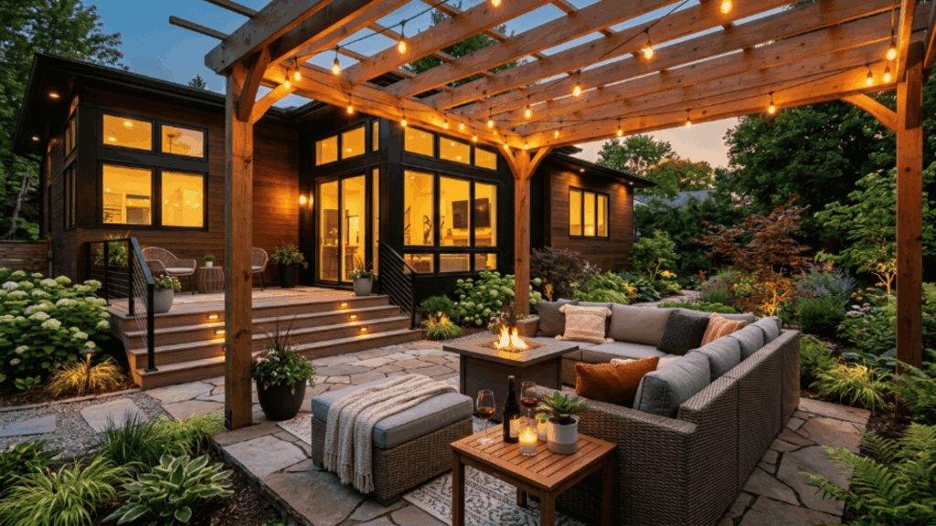 backyard patio with seating, pergola, lighting, landscaped garden, and cozy outdoor living space at evening