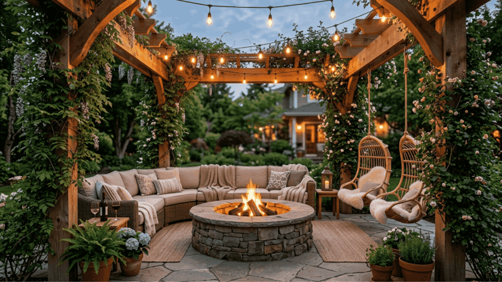 backyard pergola with string lights cozy outdoor lounge fire pit hanging chairs garden evening ambiance warm lighting