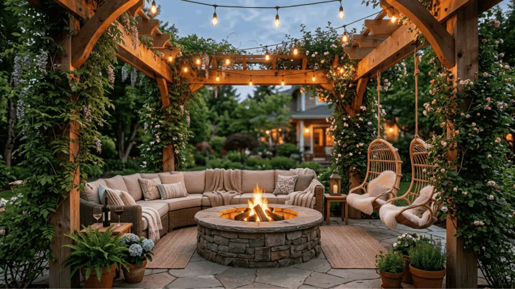 backyard pergola with string lights cozy outdoor lounge fire pit hanging chairs garden evening ambiance warm lighting