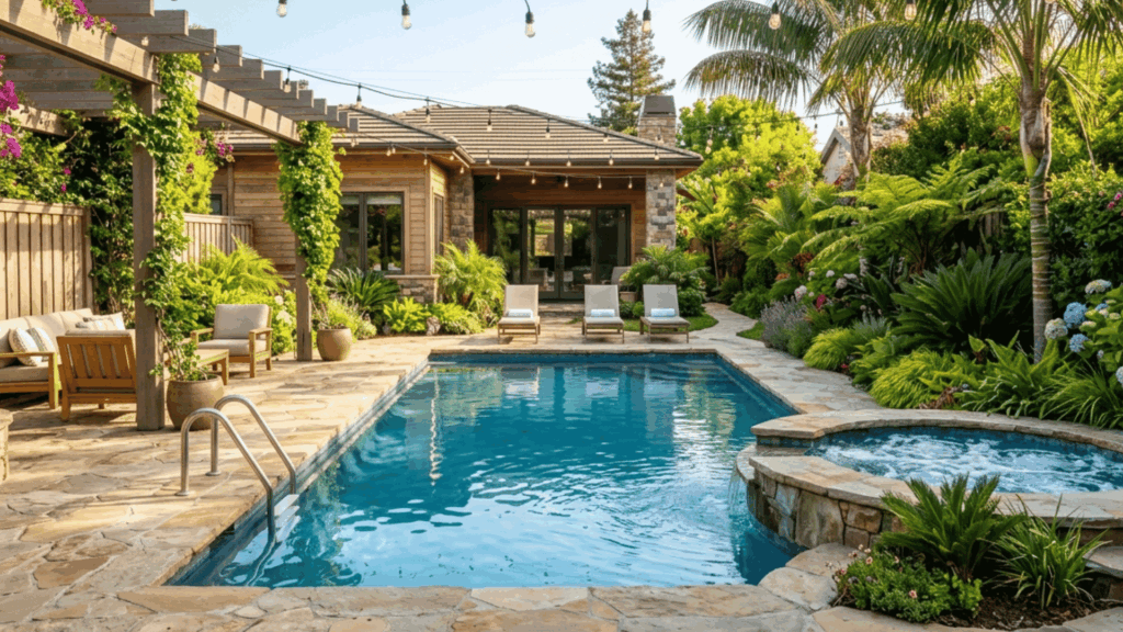 backyard pool area with natural stone decking, string lights, built-in hot tub, and green plants in afternoon sunlight