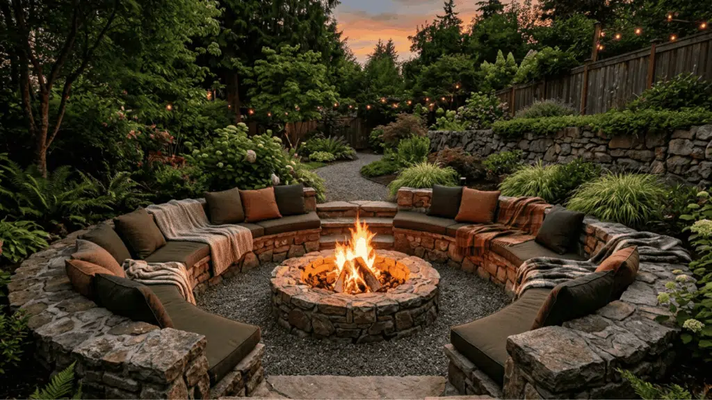 backyard sunken fire pit seating area with built-in stone benches cozy outdoor lounge string lights landscaped garden