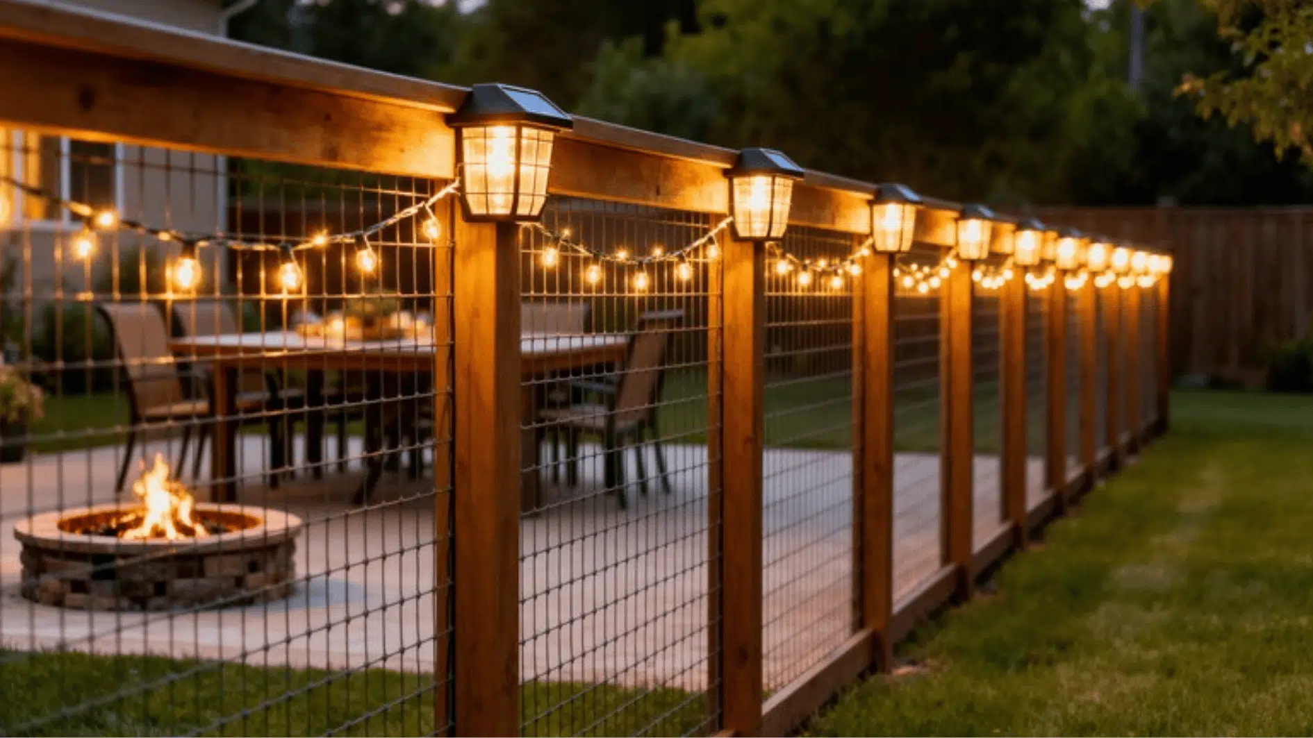 backyard wire fence with wooden posts, string lights, and lanterns creating cozy outdoor patio space with fire pit at dusk