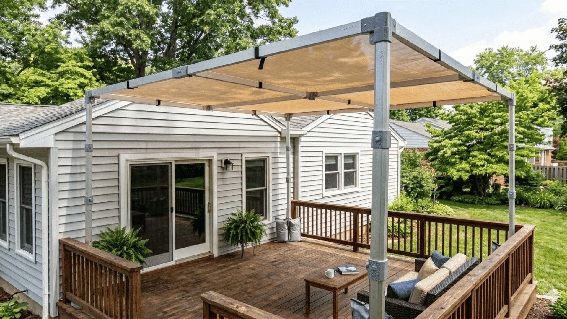 backyard wooden deck with railing and outdoor seating covered by a freestanding canopy attached near sliding doors of a suburban house