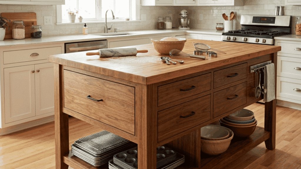 baker’s kitchen island with wooden top, drawers, and storage for baking tools in a bright kitchen.
