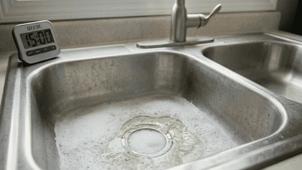 baking soda and vinegar mixture sitting in sink drain to clean buildup.