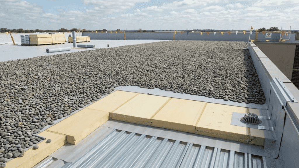 ballasted tpo roofing system with gravel on flat commercial roof showing insulation layer and drainage system