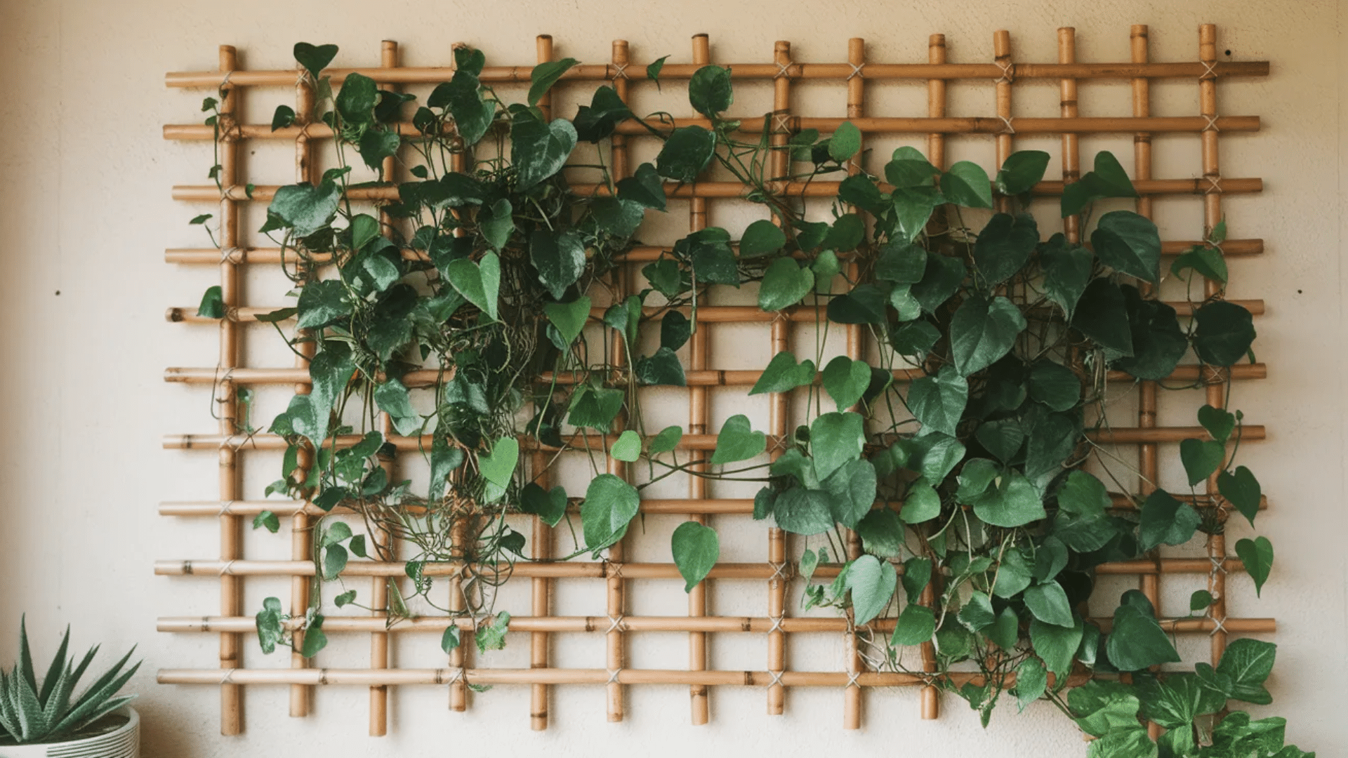 bamboo trellis wall display with trailing green vines, adding a natural and textured element to the room, accompanied by a potted succulent in the foreground.