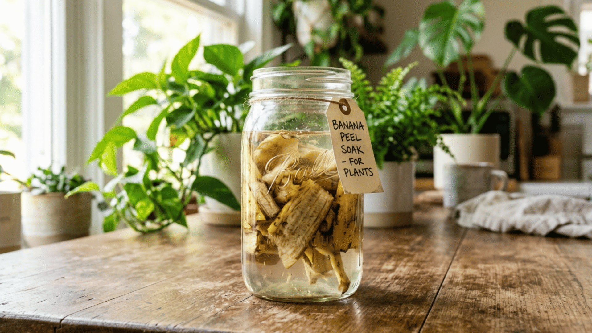 banana peel fertilizer soaking in water jar placed near indoor plants in natural light setting