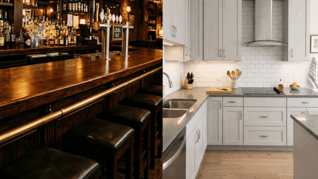 bar height counter next to kitchen counter height setup showing height difference.